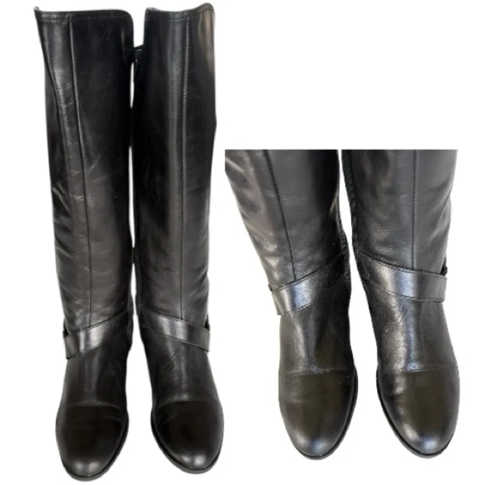 Liz Claiborne Black Leather Nicole Buckle Knee-High Riding Boots Stretch Sz 8.5M